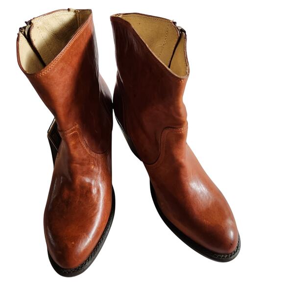 Frye Boots Women's 8.5B Leslie Cognac Leather Western Block Heel Ankle Designer - Picture 1 of 16